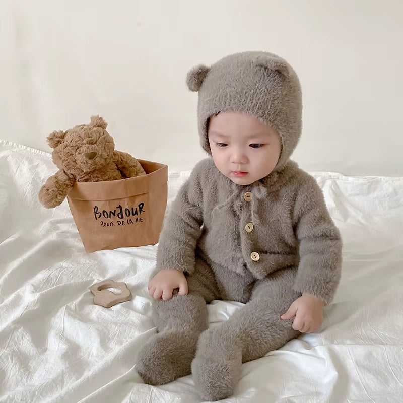 Winter Newborn Toddler Boys and Girls Bear One-Piece Climbing Suit Children Fashion Warm Baby Simple Soft Homewear Clothes