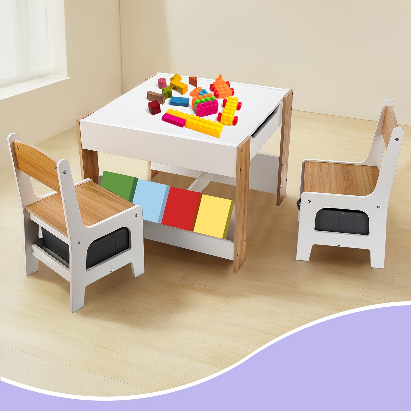 Kids Wooden Table and Chair Set – with Bookshelf and Storage Drawer