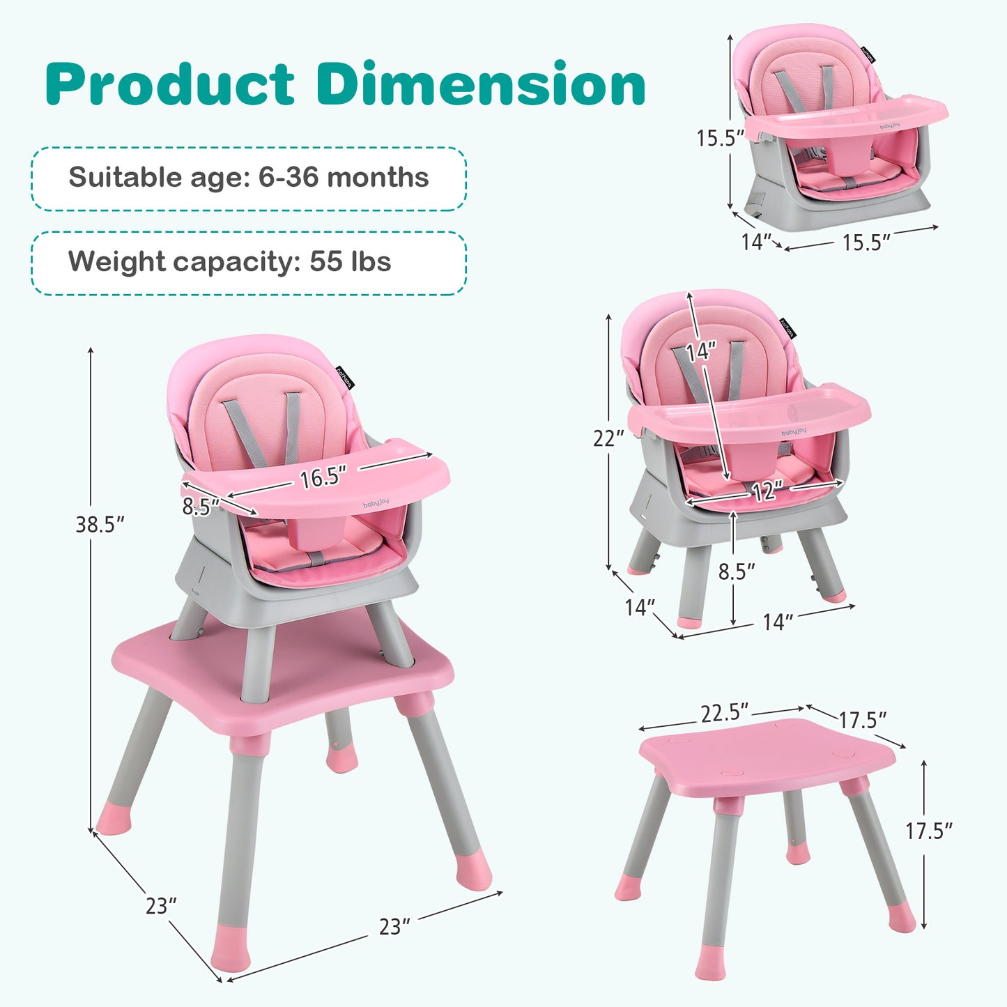 8-in-1 Convertible Baby High Chair – Adjustable with Tray and Cushions