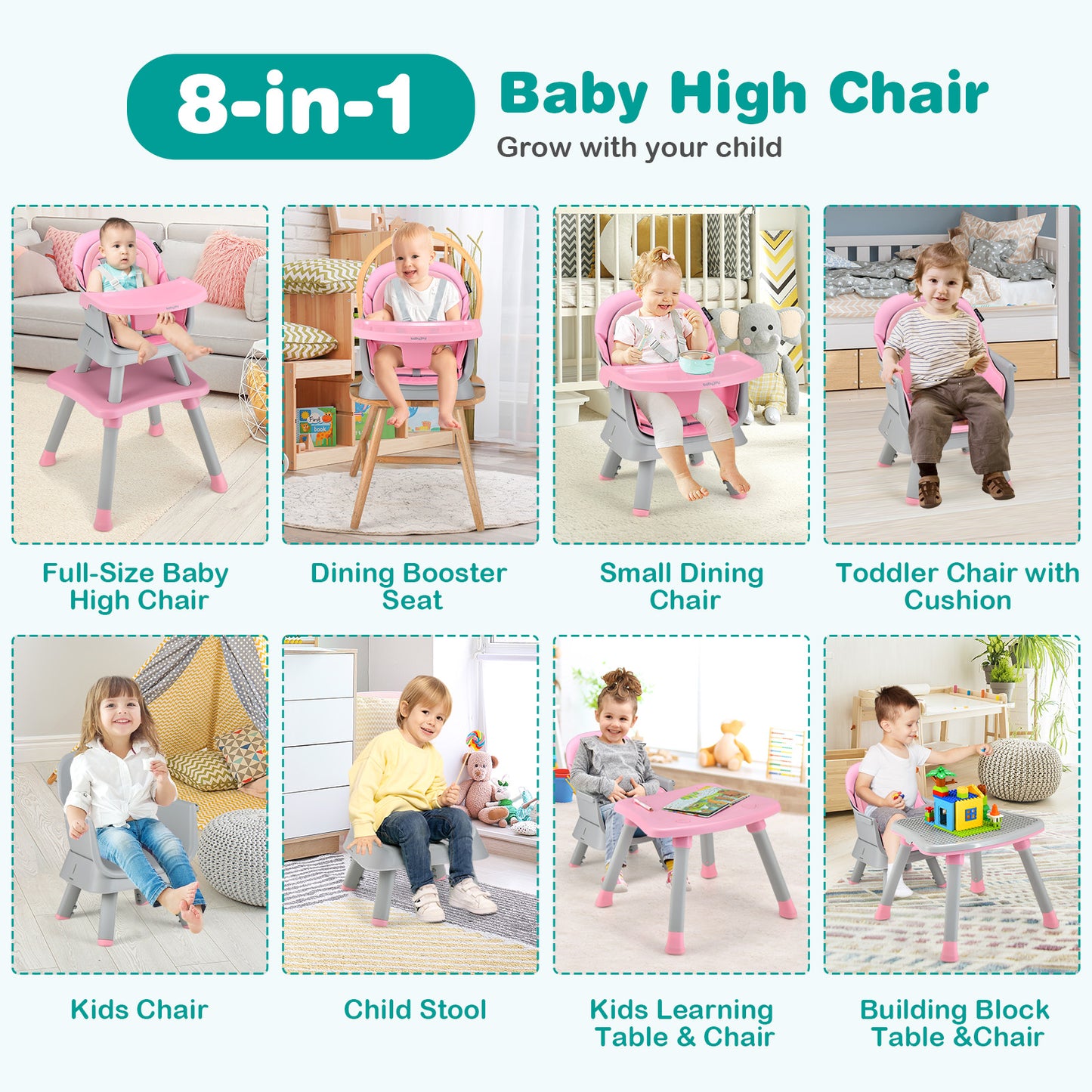 8-in-1 Convertible Baby High Chair – Adjustable with Tray and Cushions