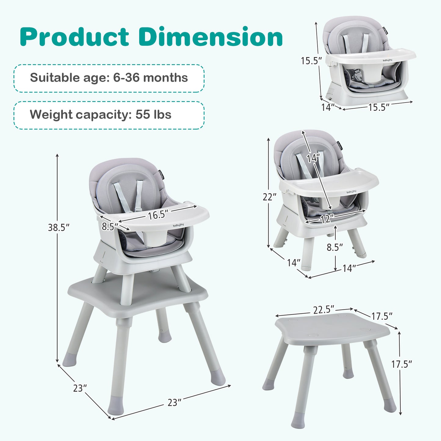 8-in-1 Convertible Baby High Chair – Adjustable with Tray and Cushions