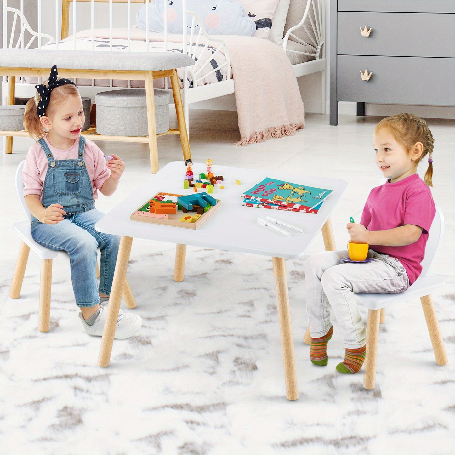 Wooden Kids Table and 2 Chairs Set – Solid Wood Legs