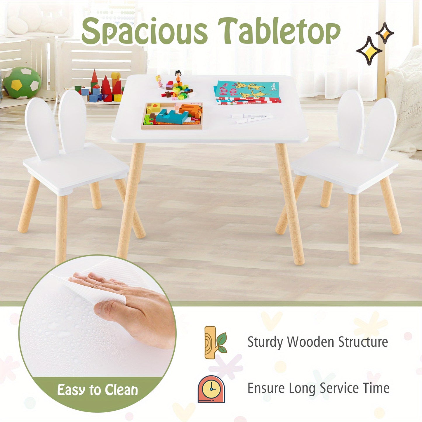 Wooden Kids Table and 2 Chairs Set – Solid Wood Legs