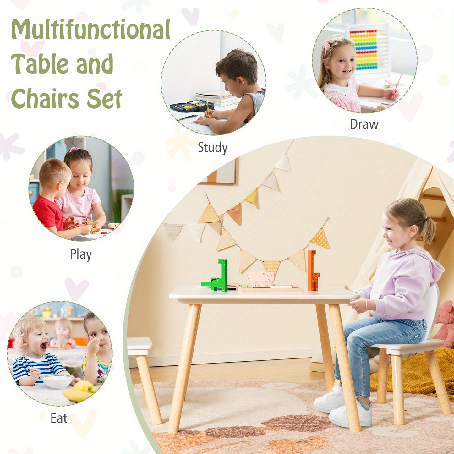 Wooden Kids Table and 2 Chairs Set – Solid Wood Legs
