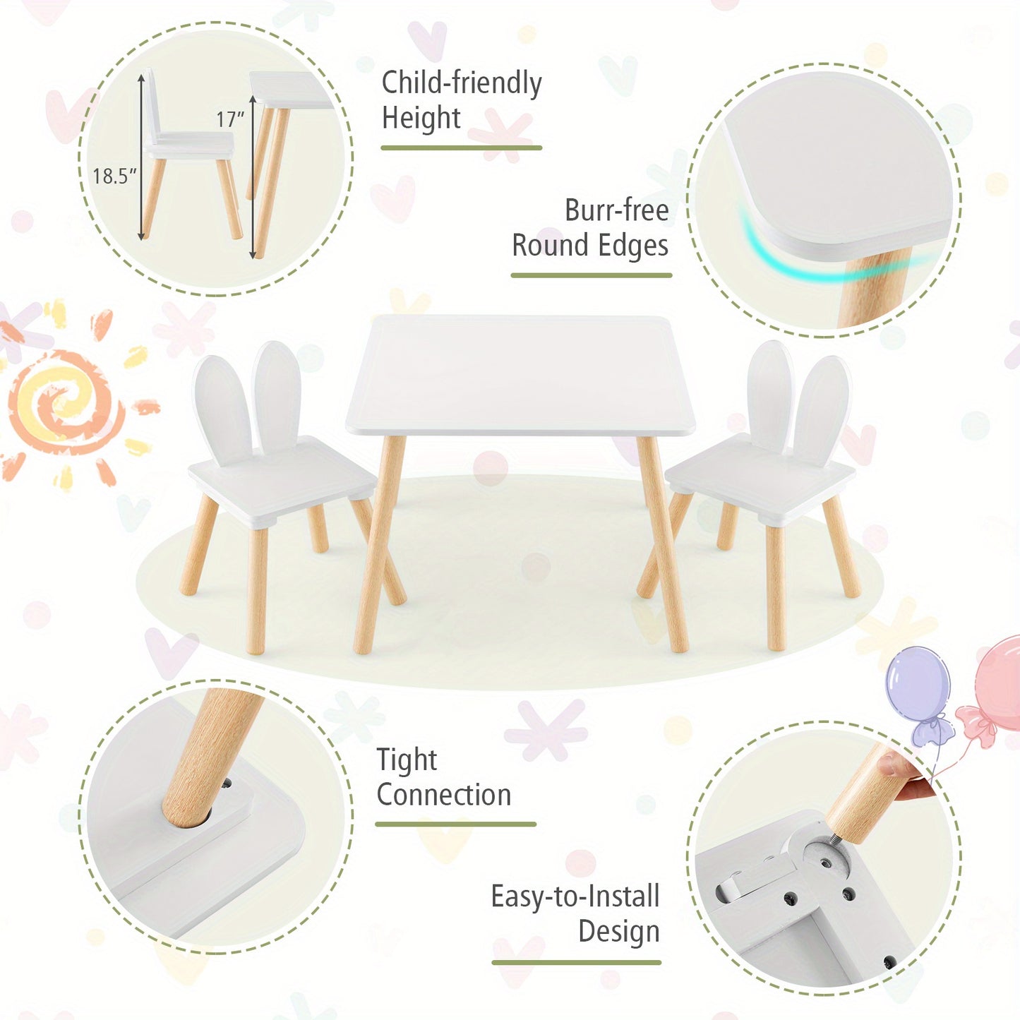 Wooden Kids Table and 2 Chairs Set – Solid Wood Legs