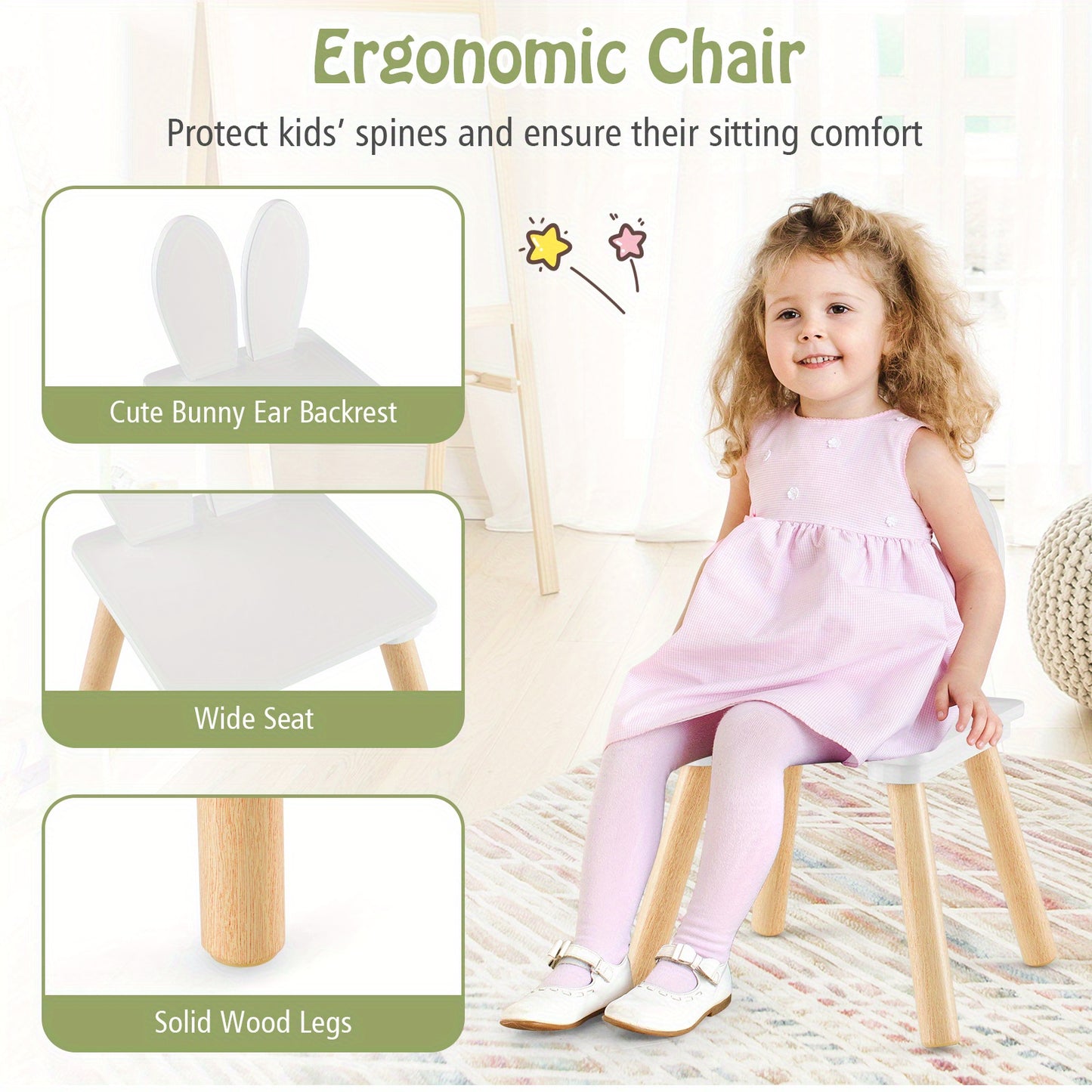 Wooden Kids Table and 2 Chairs Set – Solid Wood Legs