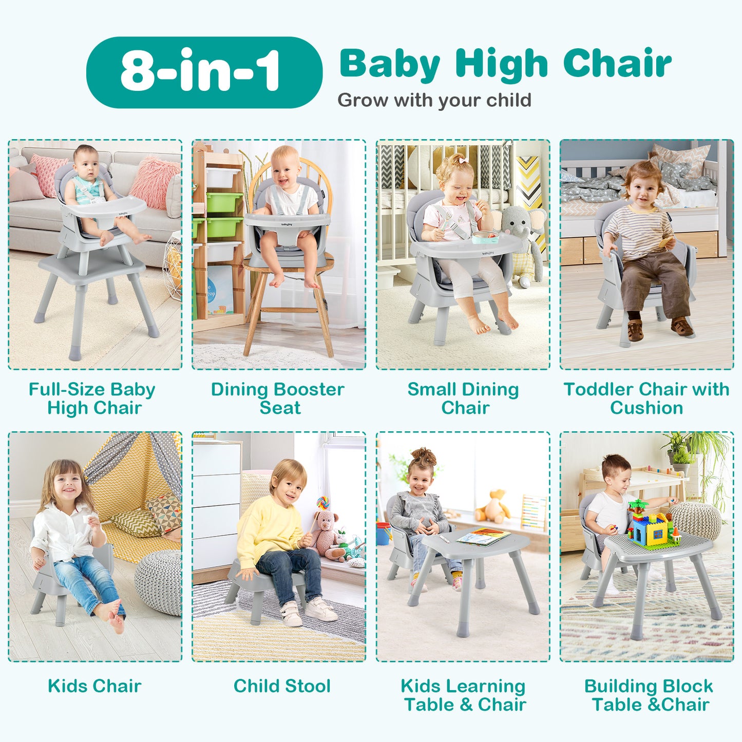 8-in-1 Convertible Baby High Chair – Adjustable with Tray and Cushions