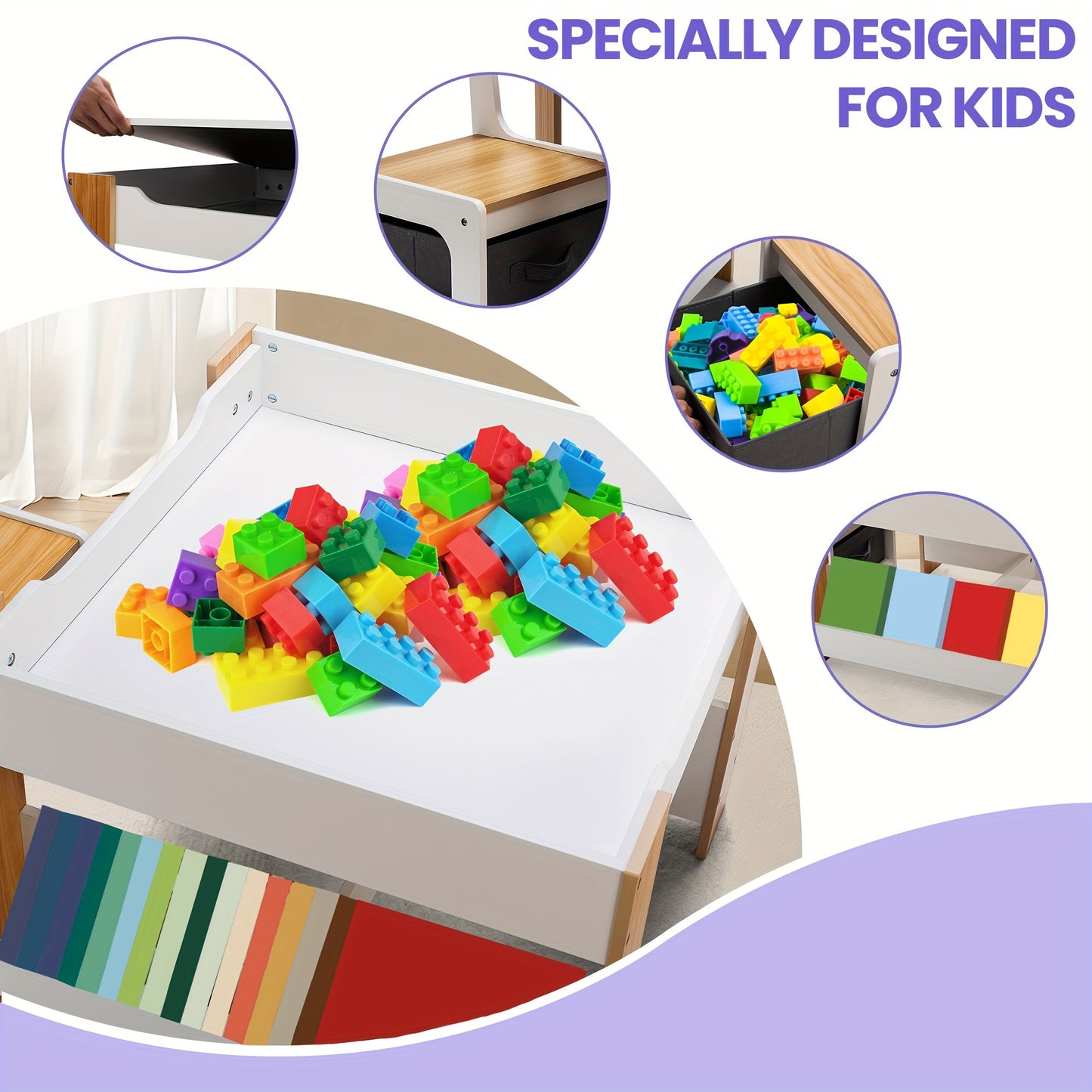 Kids Wooden Table and Chair Set – with Bookshelf and Storage Drawer