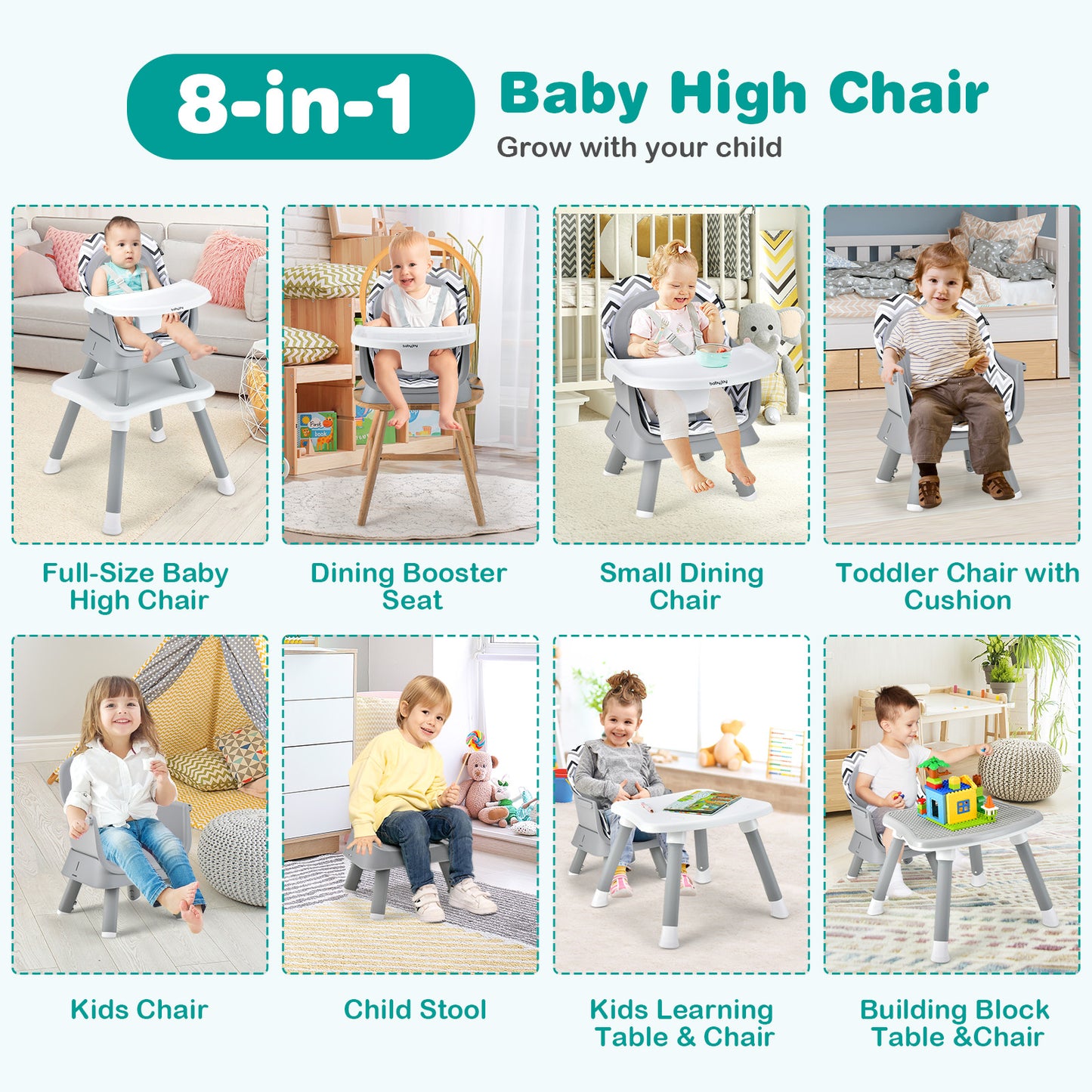 8-in-1 Convertible Baby High Chair – Adjustable with Tray and Cushions
