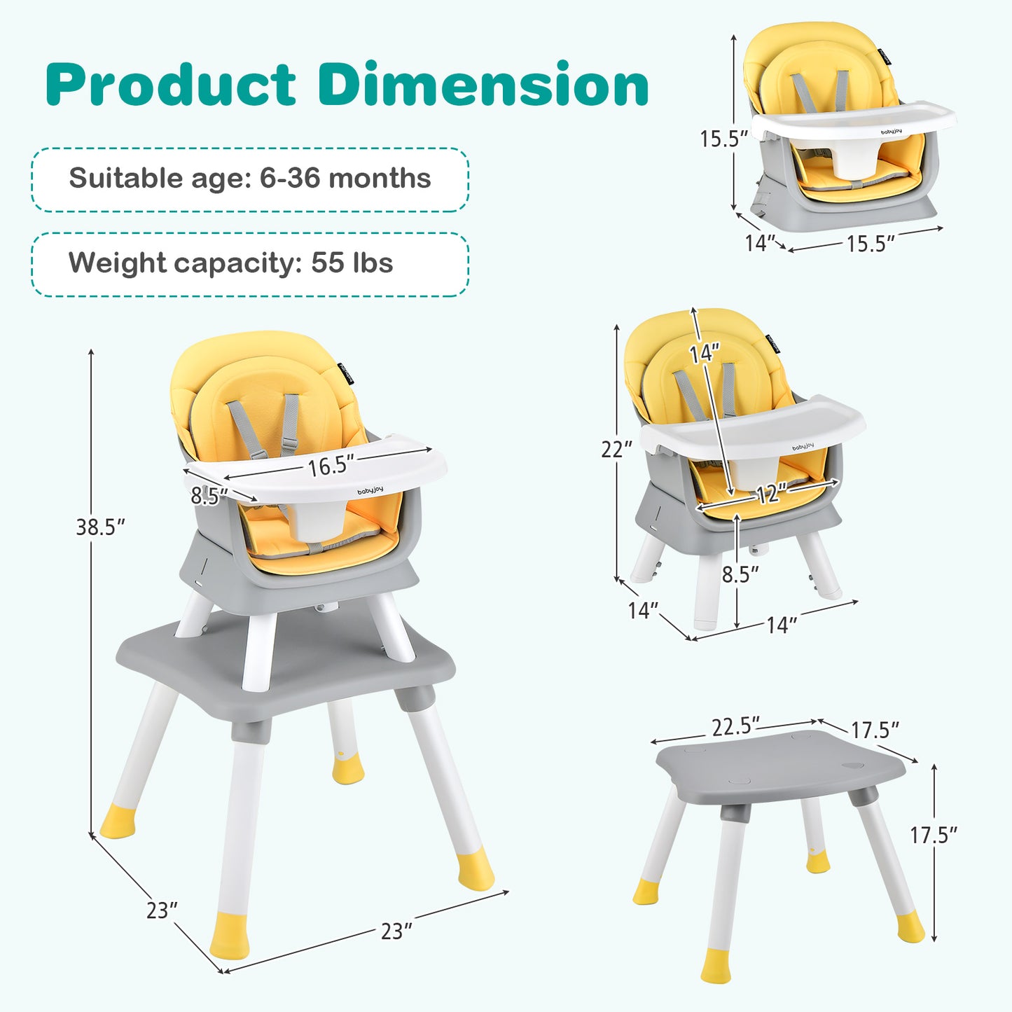 8-in-1 Convertible Baby High Chair – Adjustable with Tray and Cushions