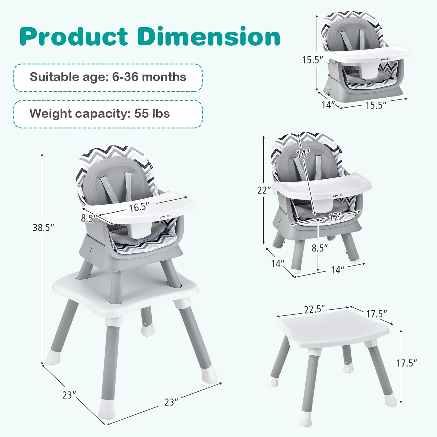 8-in-1 Convertible Baby High Chair – Adjustable with Tray and Cushions