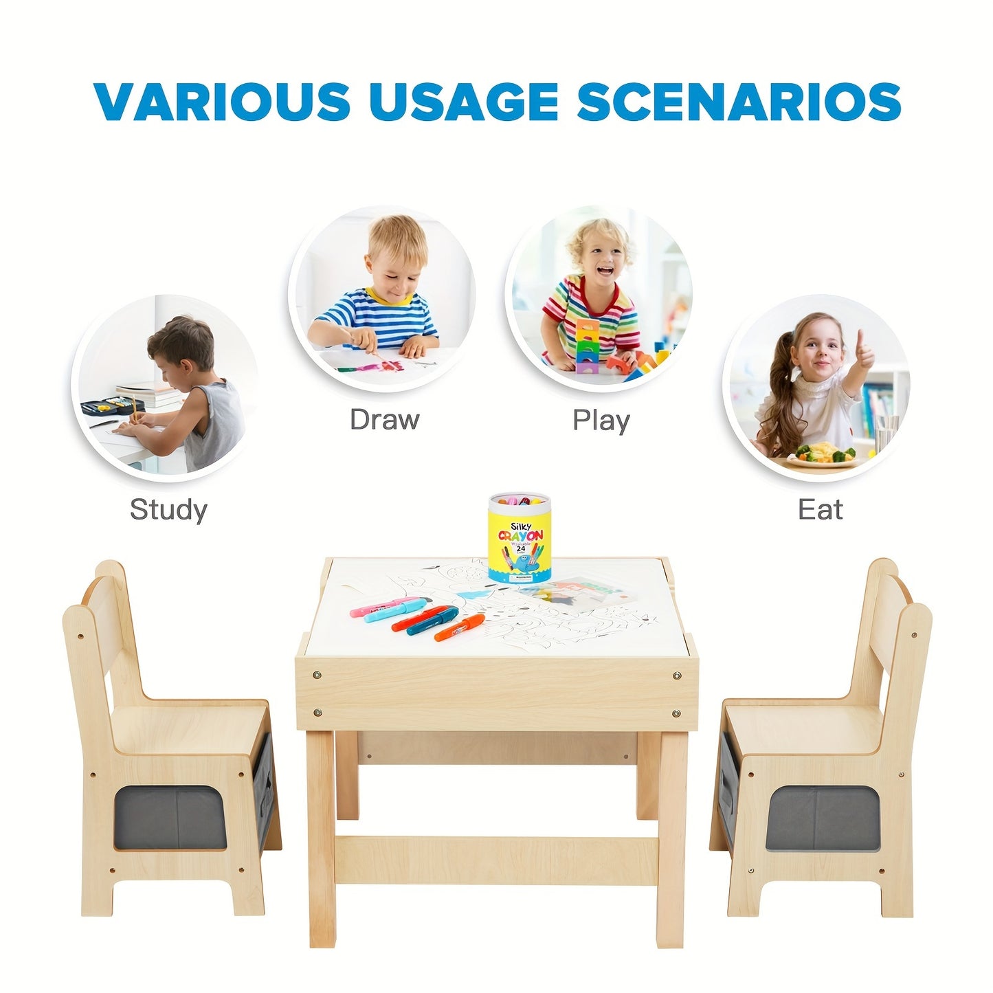 3-in-1 Kids Table and Chairs Set – with Storage Drawer