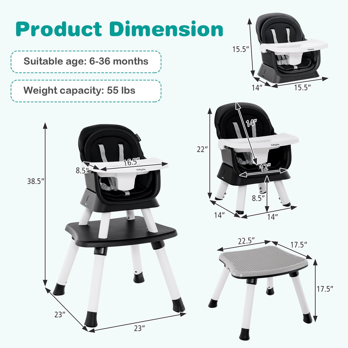 8-in-1 Convertible Baby High Chair – Adjustable with Tray and Cushions