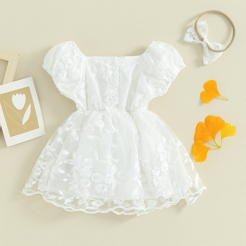 Baby Girls Rompers Dress Flower Embroidered Puff Sleeve