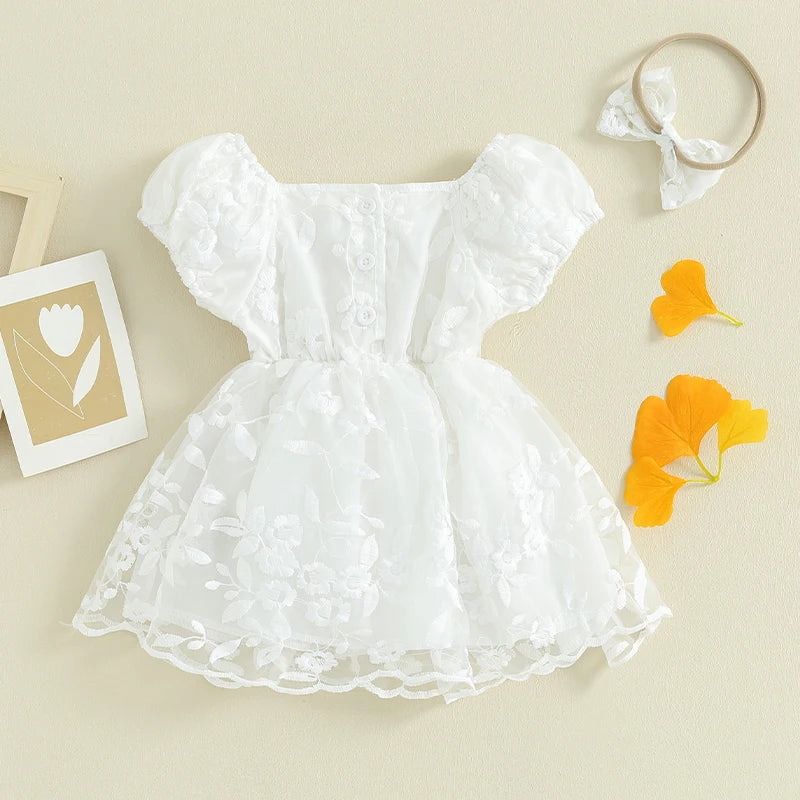 Baby Girls Rompers Dress Flower Embroidered Puff Sleeve