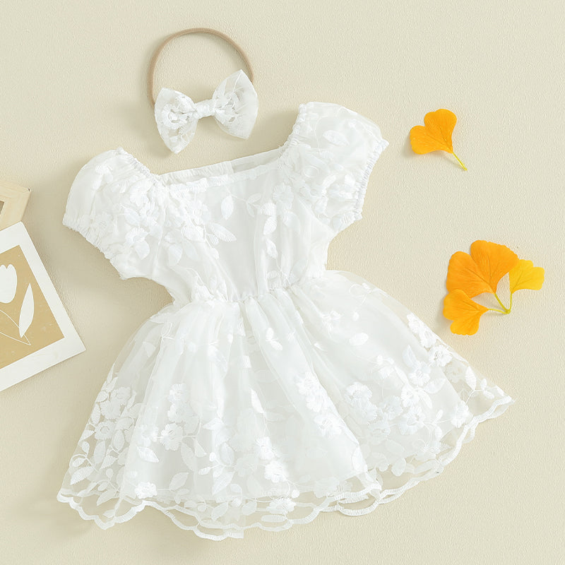 Baby Girls Rompers Dress Flower Embroidered Puff Sleeve
