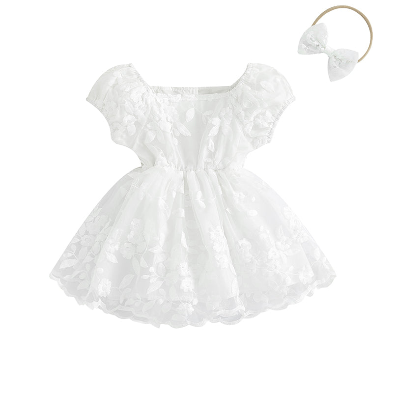Baby Girls Rompers Dress Flower Embroidered Puff Sleeve