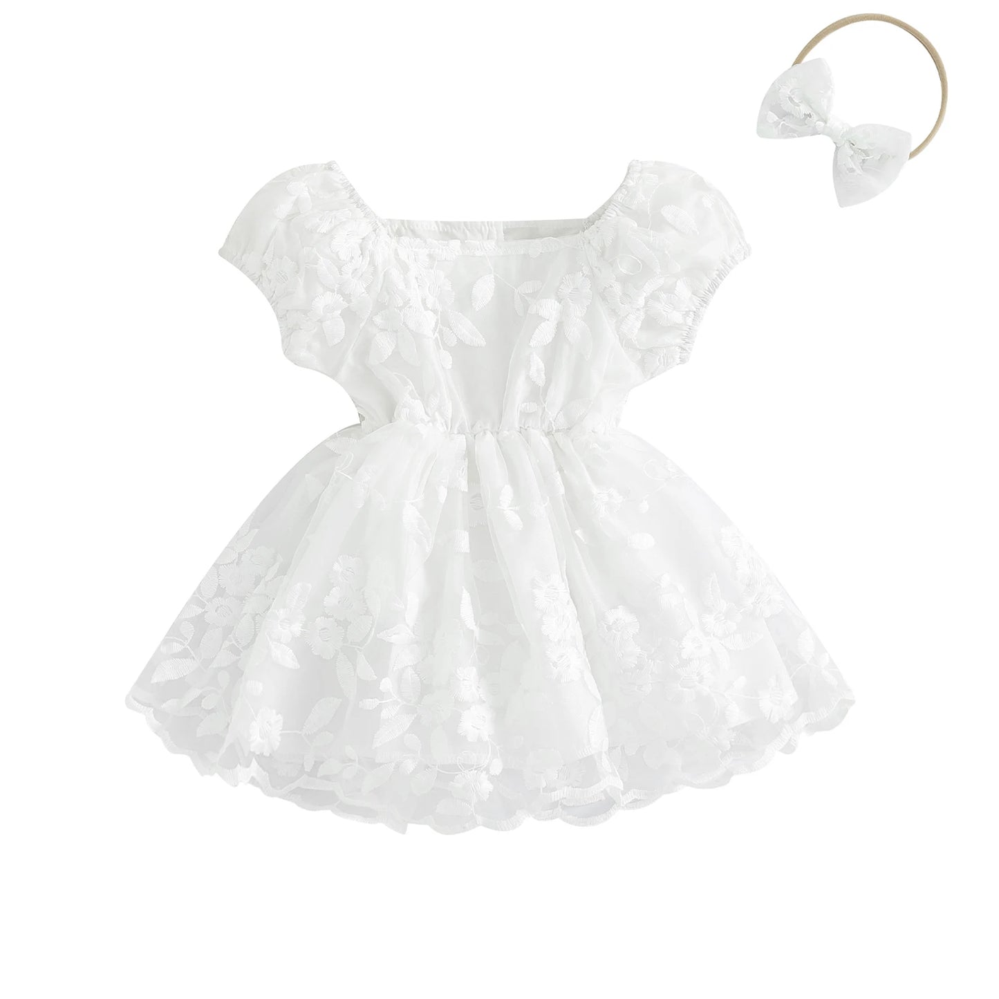 Baby Girls Rompers Dress Flower Embroidered Puff Sleeve
