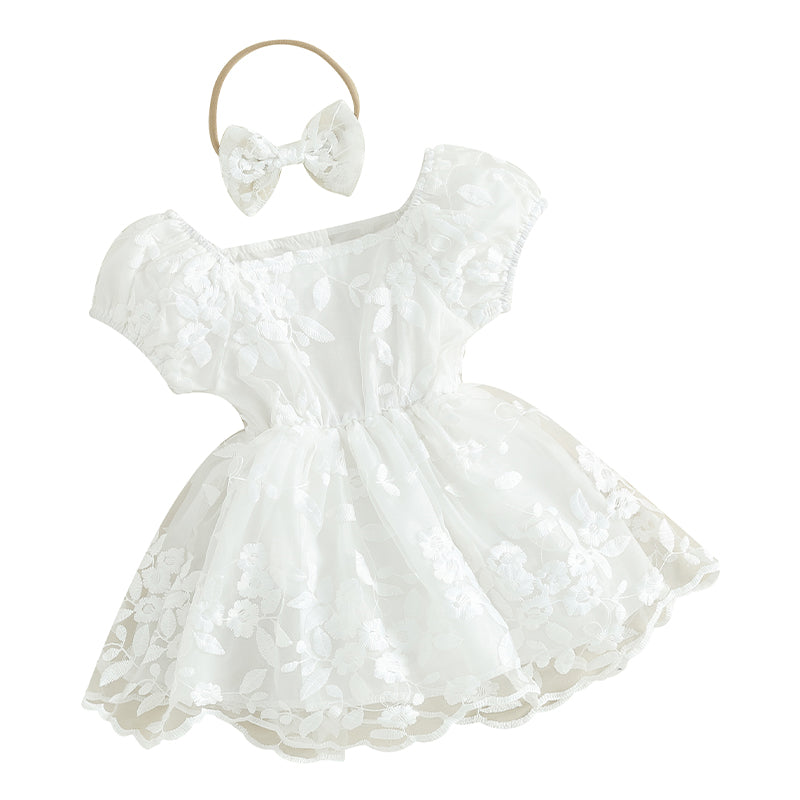 Baby Girls Rompers Dress Flower Embroidered Puff Sleeve