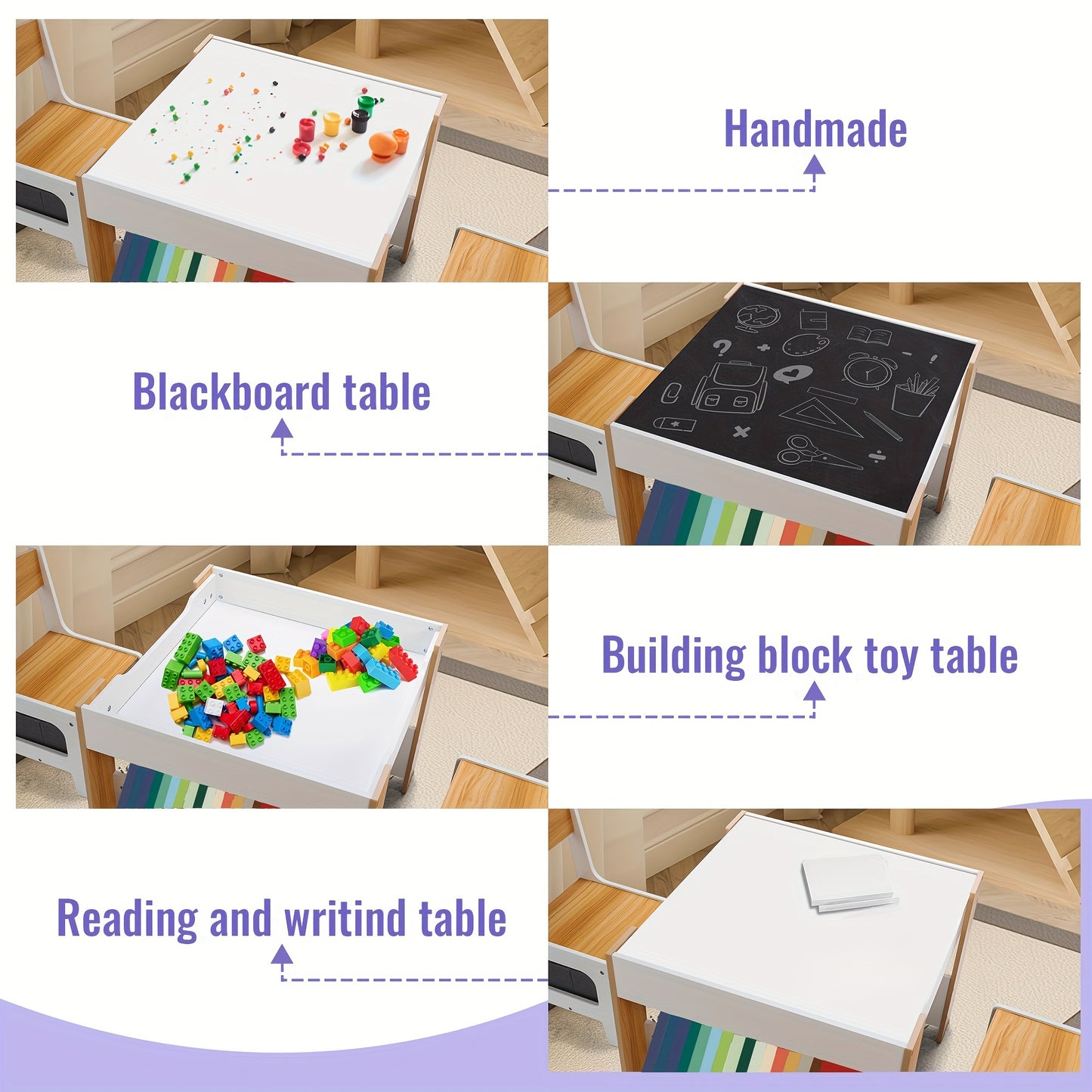 Kids Wooden Table and Chair Set – with Bookshelf and Storage Drawer