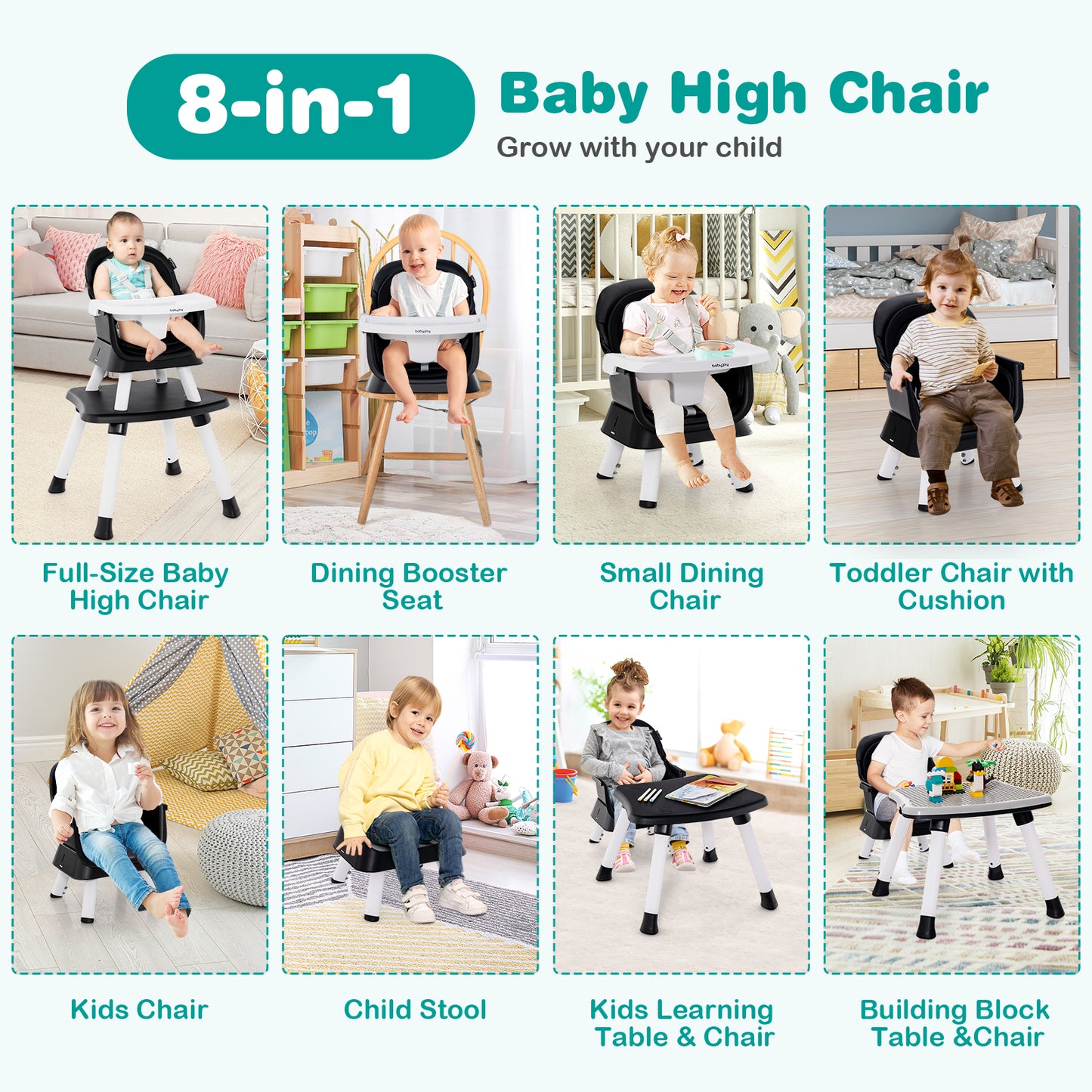 8-in-1 Convertible Baby High Chair – Adjustable with Tray and Cushions