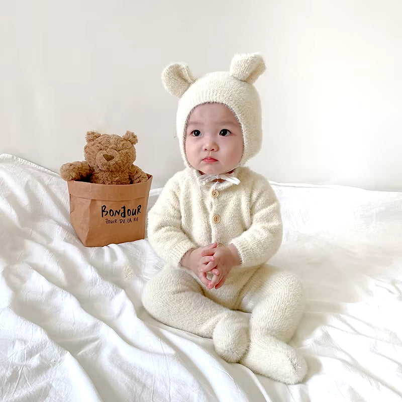 Winter Newborn Toddler Boys and Girls Bear One-Piece Climbing Suit Children Fashion Warm Baby Simple Soft Homewear Clothes