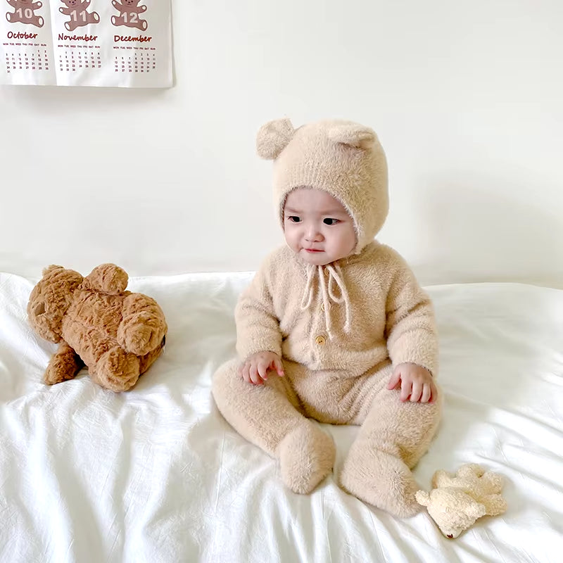 Winter Newborn Toddler Boys and Girls Bear One-Piece Climbing Suit Children Fashion Warm Baby Simple Soft Homewear Clothes