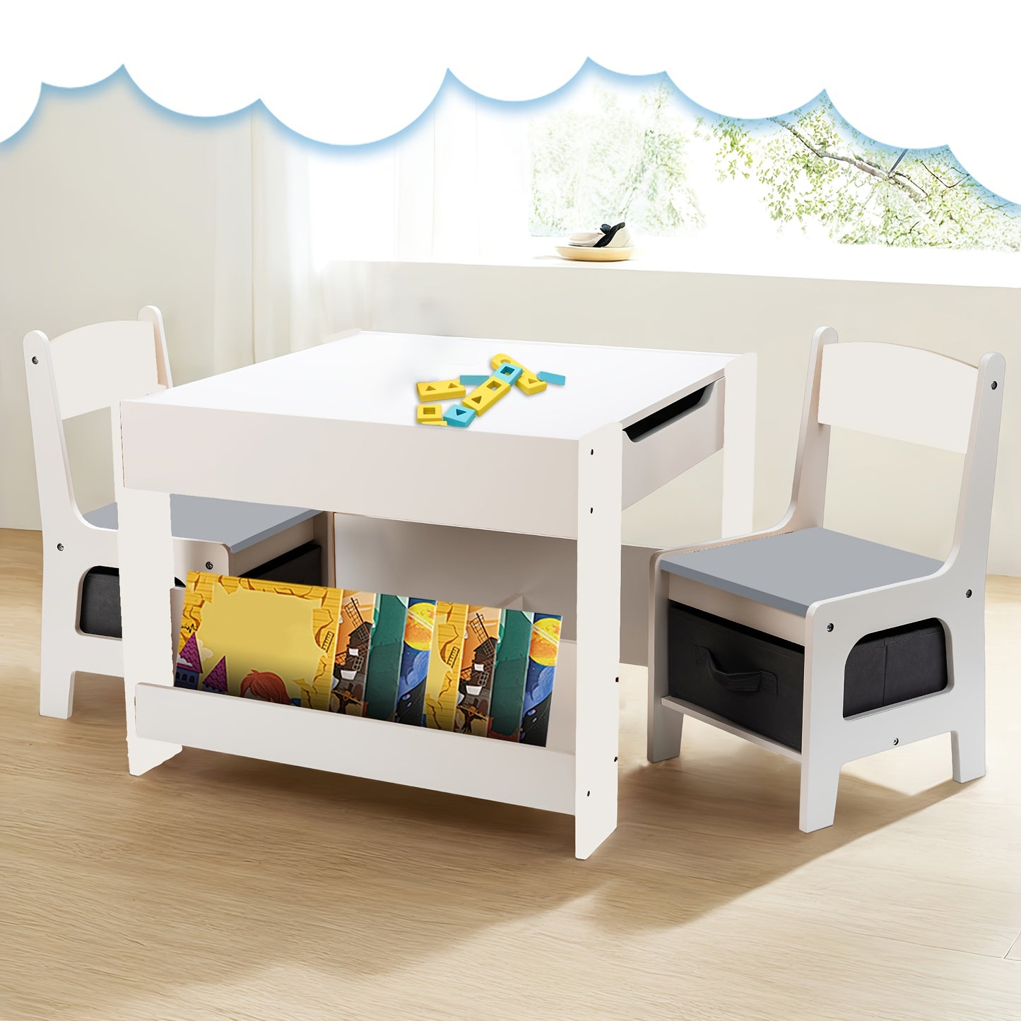 Kids Wooden Table and Chair Set – with Bookshelf and Storage Drawer
