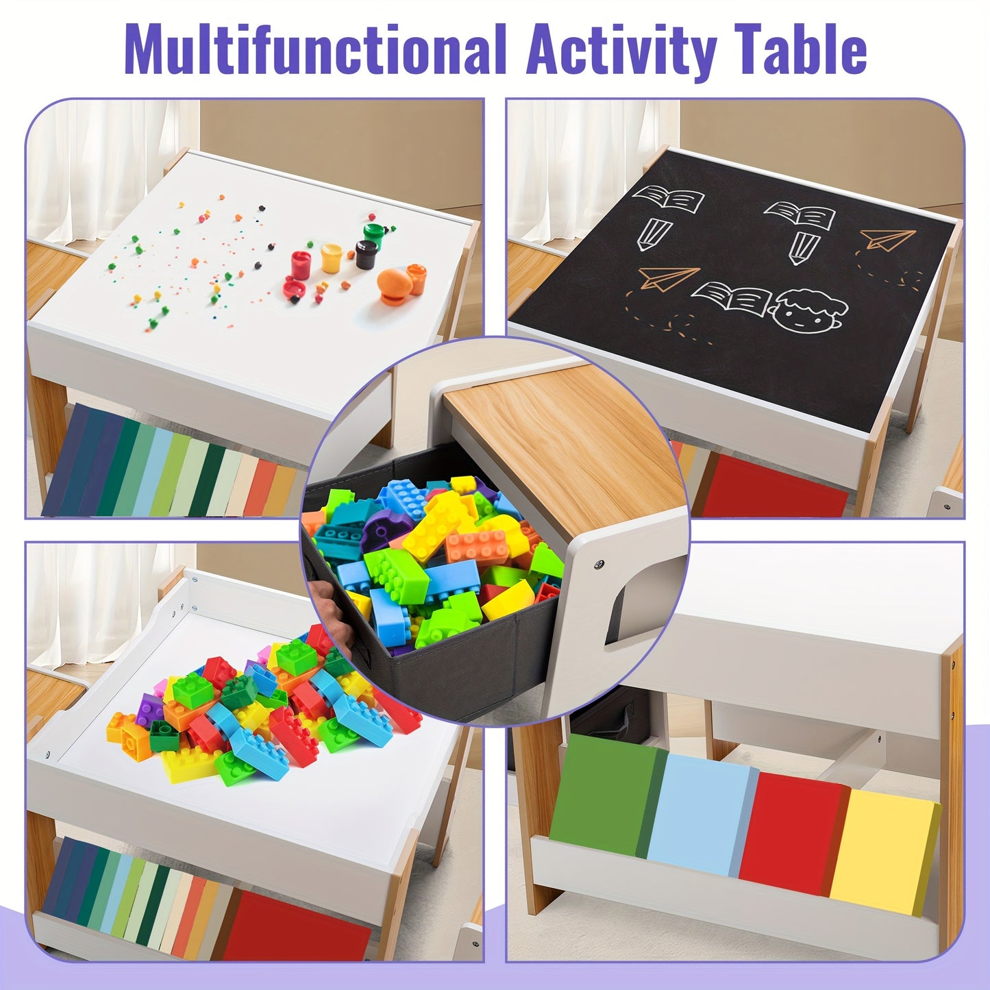 Kids Wooden Table and Chair Set – with Bookshelf and Storage Drawer
