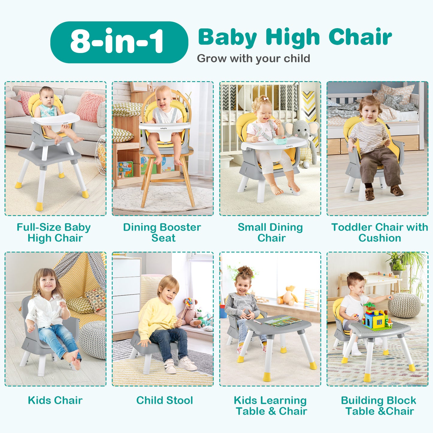 8-in-1 Convertible Baby High Chair – Adjustable with Tray and Cushions