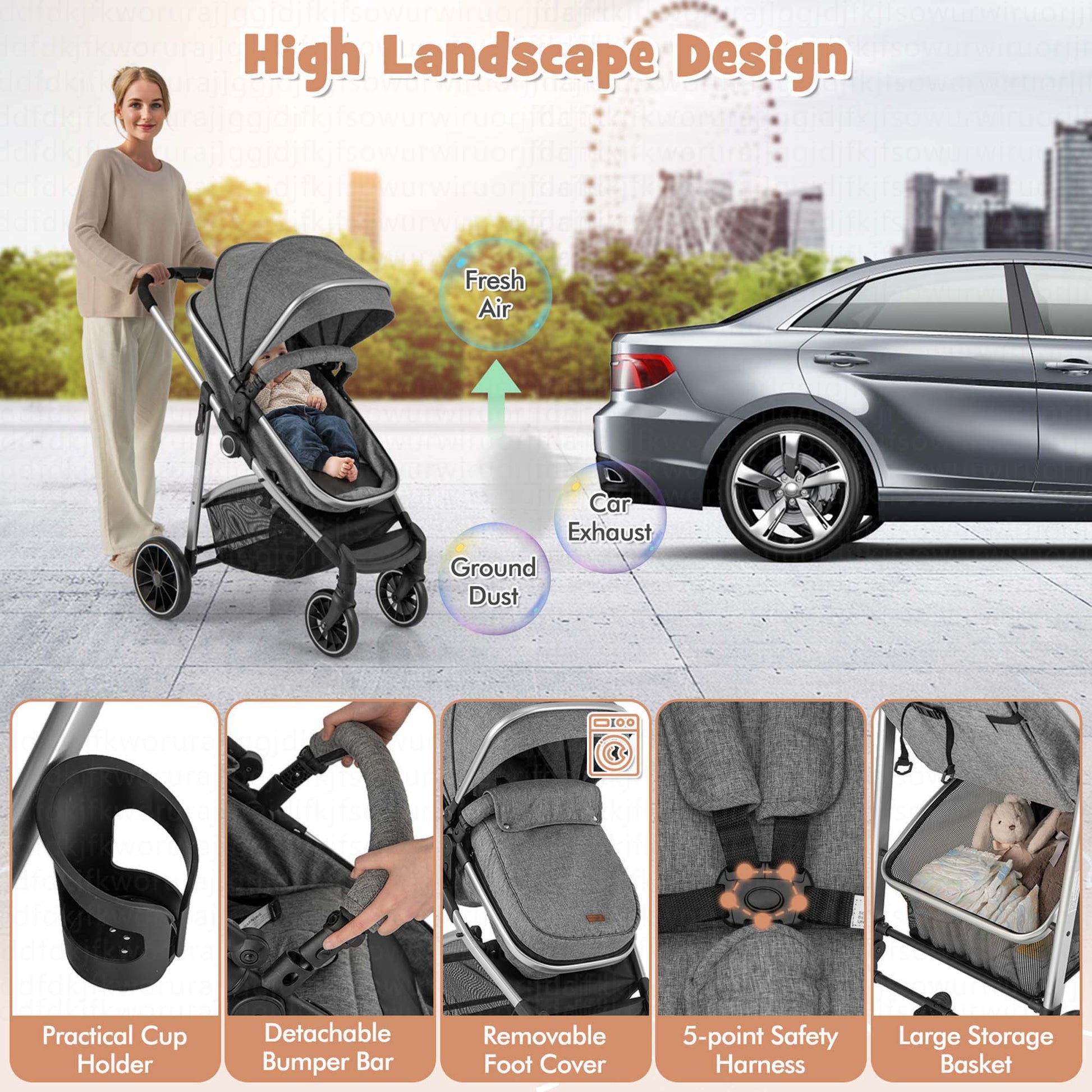 2 in 1 Convertible Baby Stroller High Landscape Infant Stroller Grey