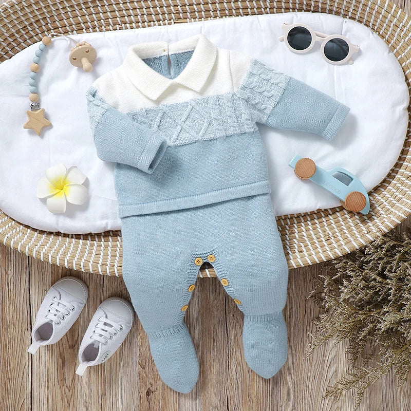 Newborn Baby Romper Knitted Infant Fashion Striped 0-9M Overalls Long Sleeve Autumn Foot Wrap