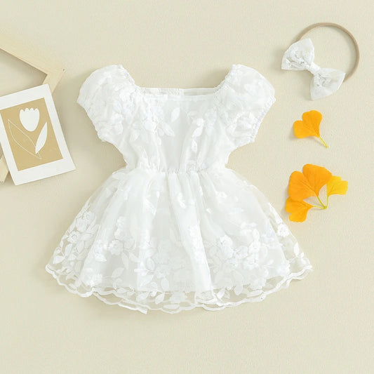 Baby Girls Rompers Dress Flower Embroidered Puff Sleeve