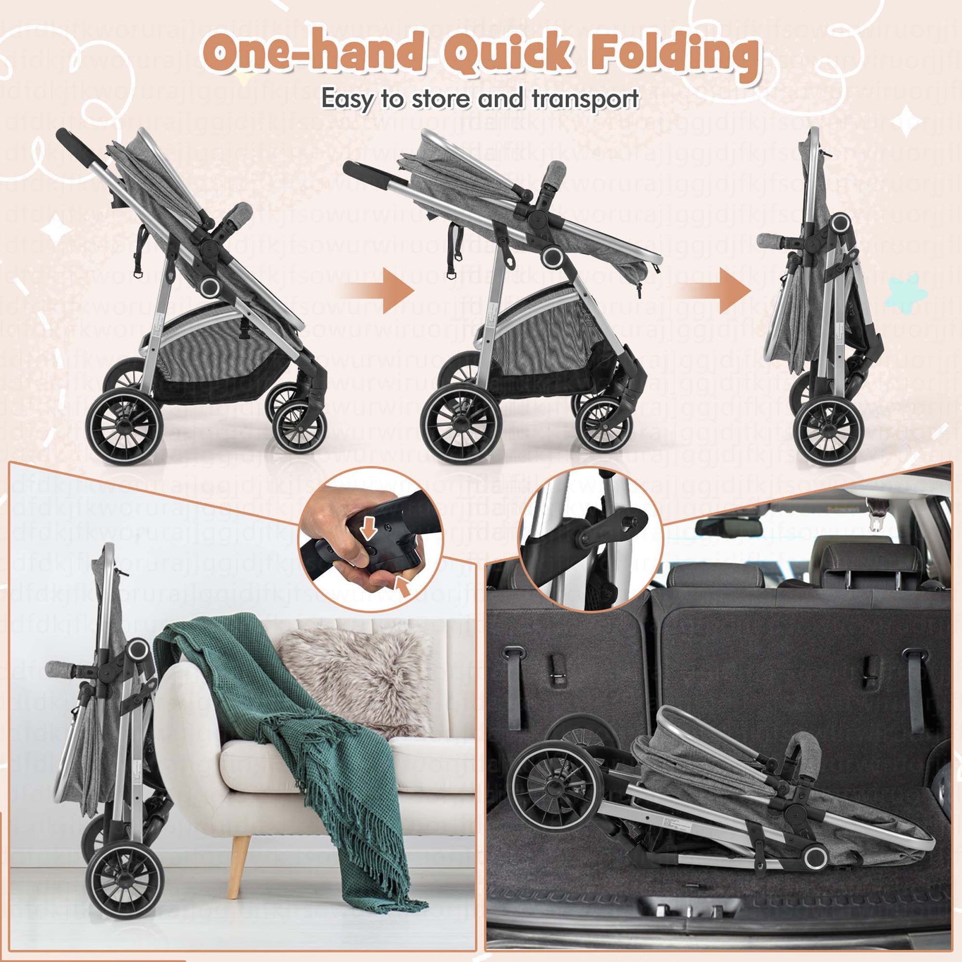 2 in 1 Convertible Baby Stroller High Landscape Infant Stroller Grey