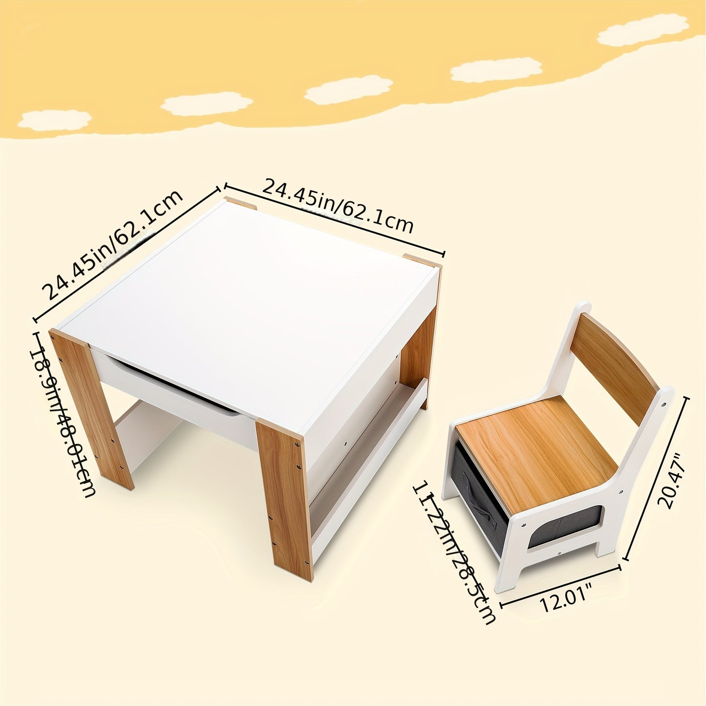Kids Wooden Table and Chair Set – with Bookshelf and Storage Drawer